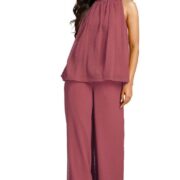 Janasya Women's Coral Chiffon Woven Design Gathered Co-Ord Set