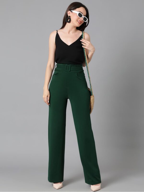 KOTTY Women's High Rise Viscose Rayon Relaxed Fit Korean Trousers Bottle Green - Image 2