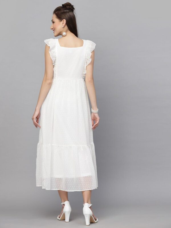 Sugathari Georgette Jacquard Butti White Square Neck Knee Length Western Dresses for Women - Image 6