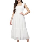 Sugathari Georgette Jacquard Butti White Square Neck Knee Length Western Dresses for Women