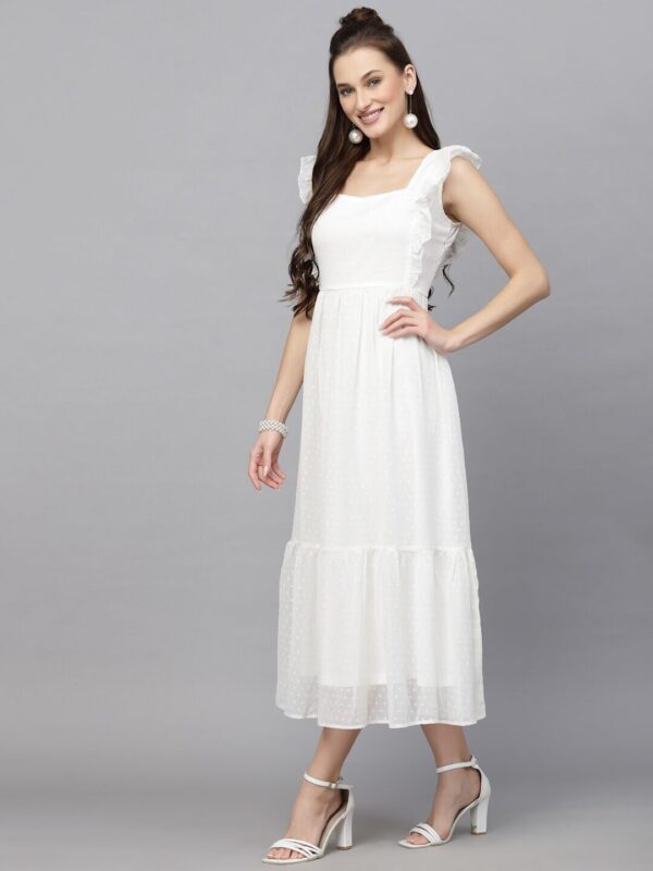 Sugathari Georgette Jacquard Butti White Square Neck Knee Length Western Dresses for Women - Image 7