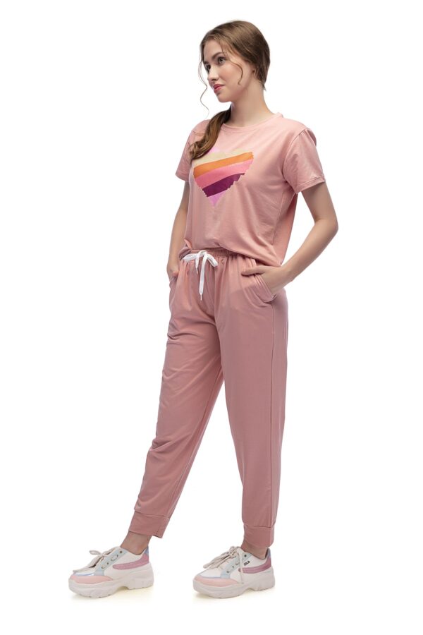 LOTIK Women Cotton Lycra Peach Solid Top Payjama Heart Print Stylish Nightsuit & Tracksuit Set - Image 3