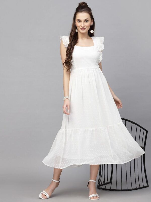 Sugathari Georgette Jacquard Butti White Square Neck Knee Length Western Dresses for Women - Image 5