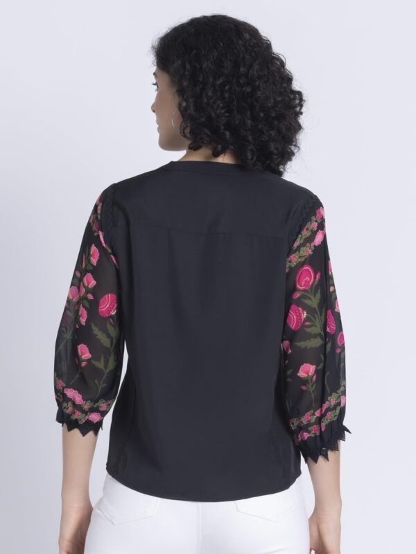 SHAYE Trending V-Neck Black Floral Print Three-Quarter Sleeves Casual Tops for Women - Image 6