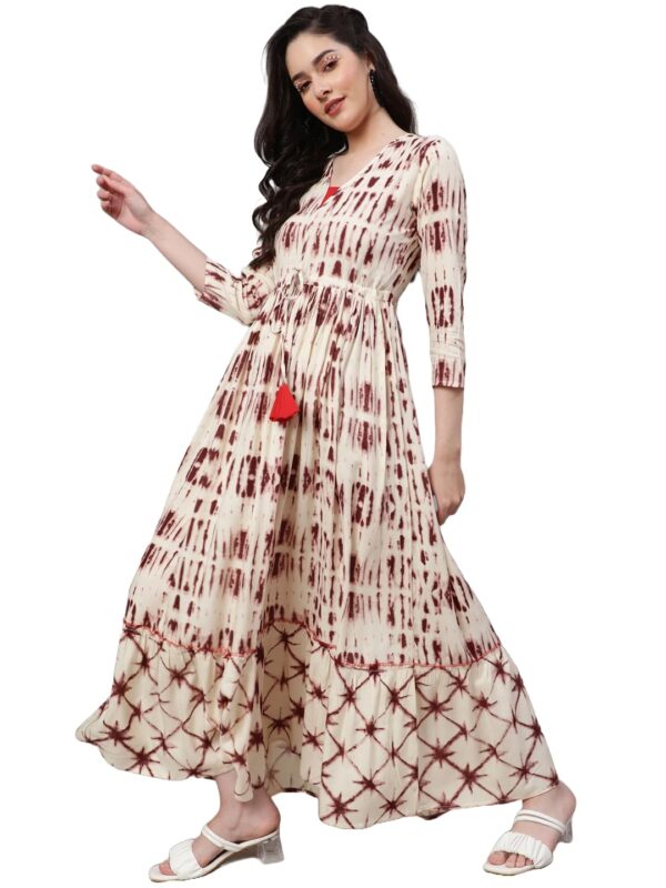 Daevish Women's New Rayon Print Tie-up Waist V Neck Flared Maxi Dress Brown