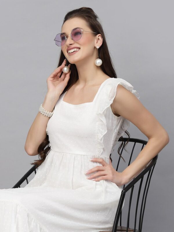 Sugathari Georgette Jacquard Butti White Square Neck Knee Length Western Dresses for Women - Image 4