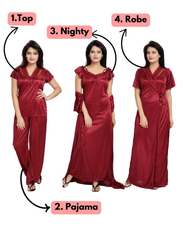 Noty Women's Satin Solid Nightwear Pajama Set Pack Of 4 - Image 7
