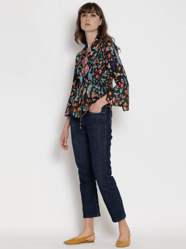SHAYE Black Casual Full Sleeves V-Neck Floral Cinched Waist Top for Women - Image 3