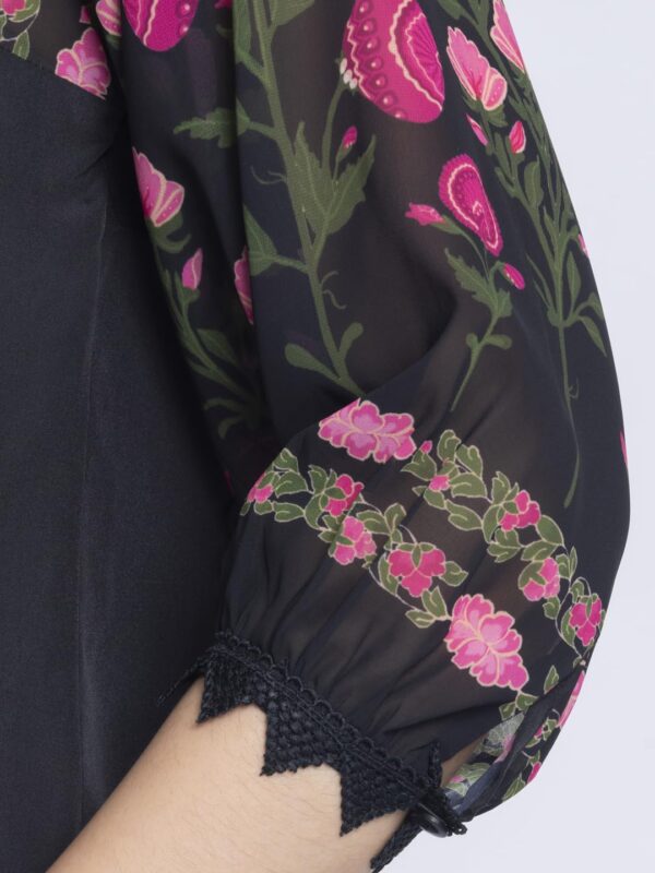 SHAYE Trending V-Neck Black Floral Print Three-Quarter Sleeves Casual Tops for Women - Image 2