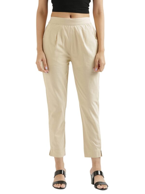 SAADAA Women Cotton Pant Regular High Rise Slim Fit Trouser, Pocket Pants for Office School Formal Casual Daily Use