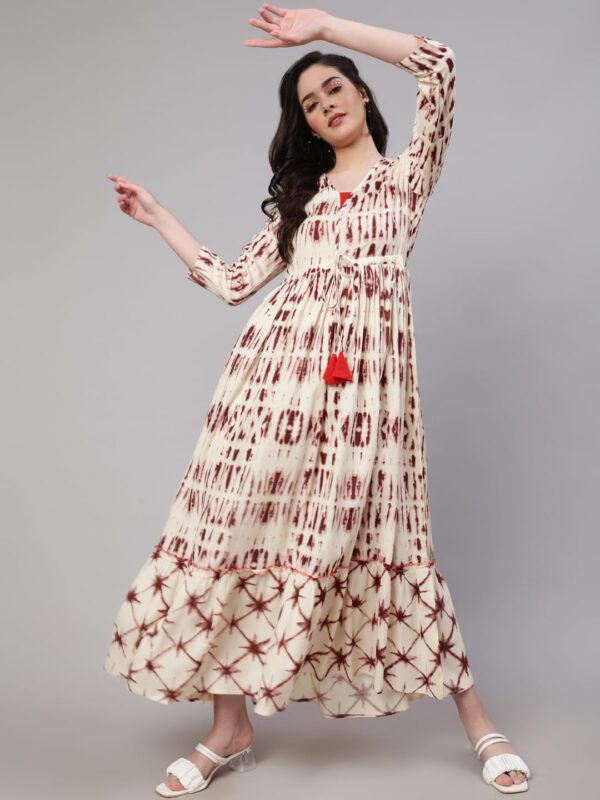 Daevish Women's New Rayon Print Tie-up Waist V Neck Flared Maxi Dress Brown - Image 5