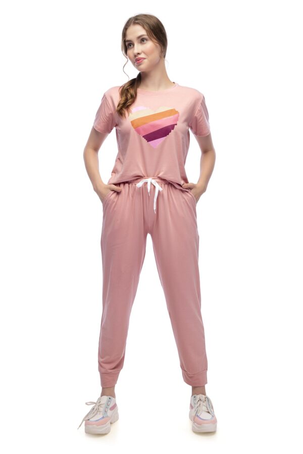 LOTIK Women Cotton Lycra Peach Solid Top Payjama Heart Print Stylish Nightsuit & Tracksuit Set