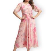 Preneum Women's Maxi Fit & Flare Latest Style Print Georgette Regular Sleeves Casual Summer Maxi Dress || Festival & Occasion, Rose Pink, M