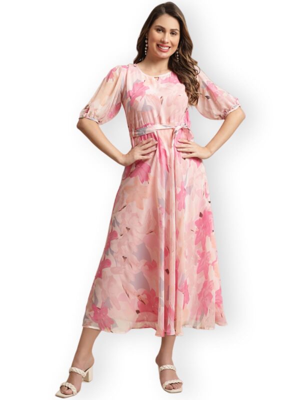Preneum Women's Maxi Fit & Flare Latest Style Print Georgette Regular Sleeves Casual Summer Maxi Dress || Festival & Occasion, Rose Pink, M