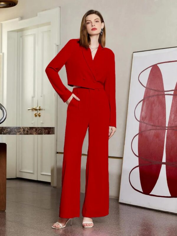KOTTY Women's Solid Relaxed Fit Full Sleeve Co-ord Blazer and Trouser Set. Tomato red - Image 2