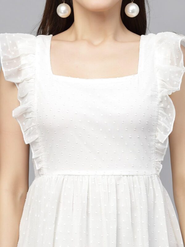 Sugathari Georgette Jacquard Butti White Square Neck Knee Length Western Dresses for Women - Image 3