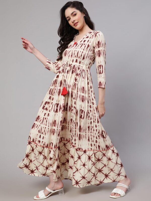 Daevish Women's New Rayon Print Tie-up Waist V Neck Flared Maxi Dress Brown - Image 3