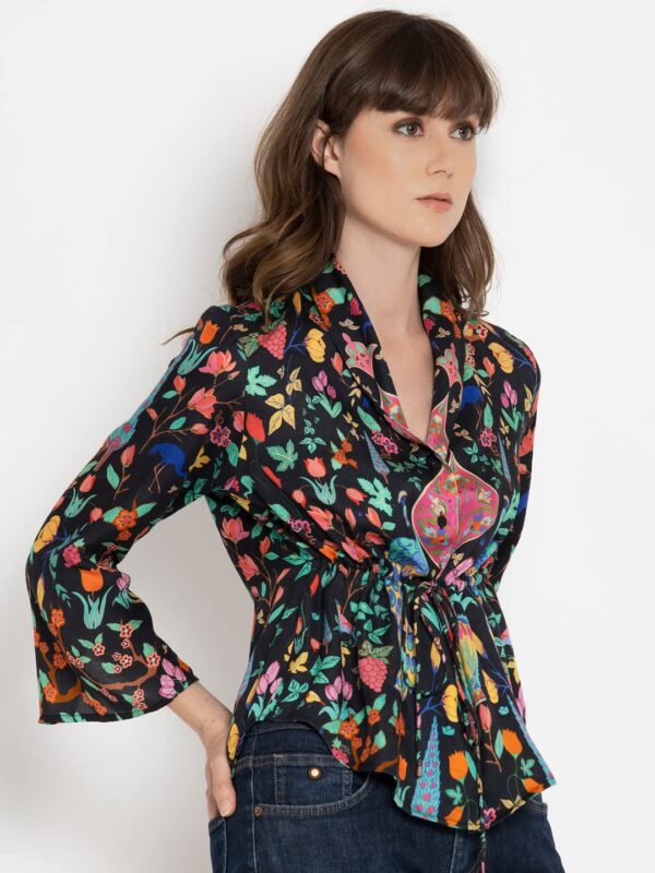 SHAYE Black Casual Full Sleeves V-Neck Floral Cinched Waist Top for Women - Image 4
