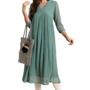 Janasya Women's Green Dobby Chiffon Self Design Flared Western Kurta