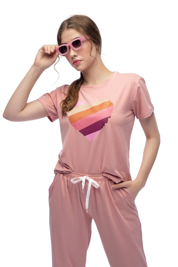 LOTIK Women Cotton Lycra Peach Solid Top Payjama Heart Print Stylish Nightsuit & Tracksuit Set - Image 2