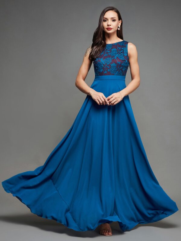 Miss Chase Women's Round Neck Sleeveless Georgette Floral Lace Fit & Flare Maxi Dress Royal Blue - Image 7