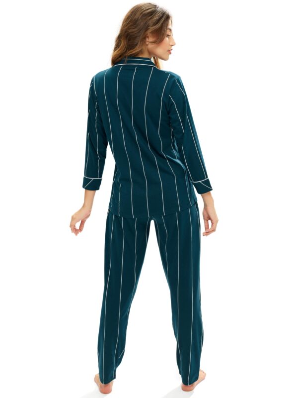 LOTIK Women's Cotton Teal Blue Strip Printed Front-Open Full Sleeve Nightsuit - Image 3