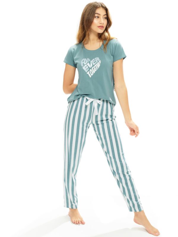 LOTIK Women's Cotton Aqua Blue Striped Print Top & Payjama Night Pajama Set, Medium - Image 7