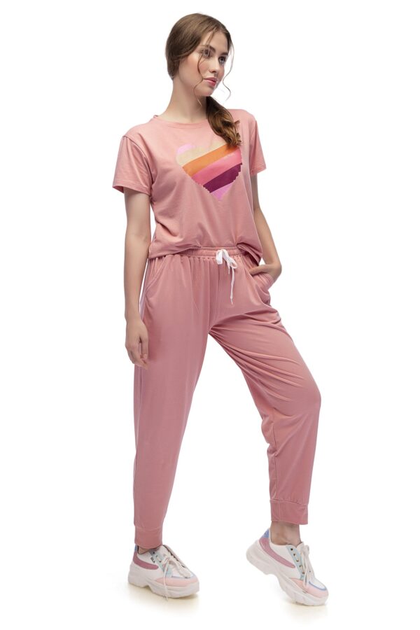 LOTIK Women Cotton Lycra Peach Solid Top Payjama Heart Print Stylish Nightsuit & Tracksuit Set - Image 4