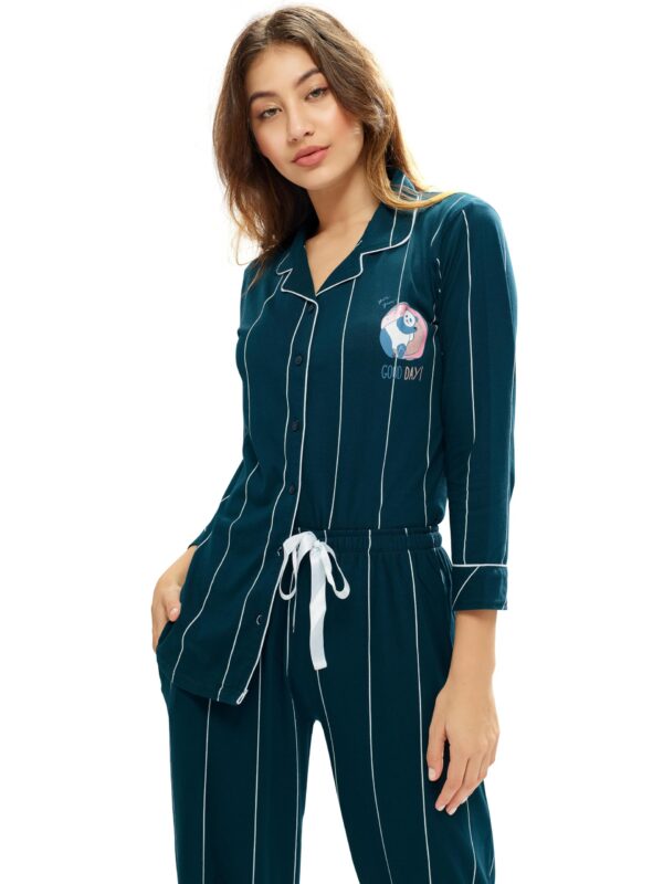 LOTIK Women's Cotton Teal Blue Strip Printed Front-Open Full Sleeve Nightsuit - Image 5
