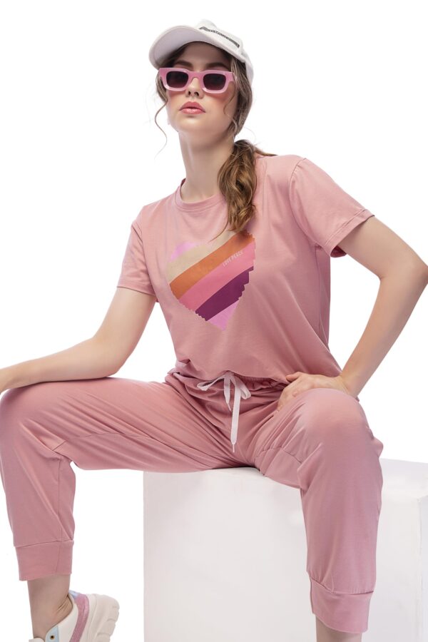 LOTIK Women Cotton Lycra Peach Solid Top Payjama Heart Print Stylish Nightsuit & Tracksuit Set - Image 5