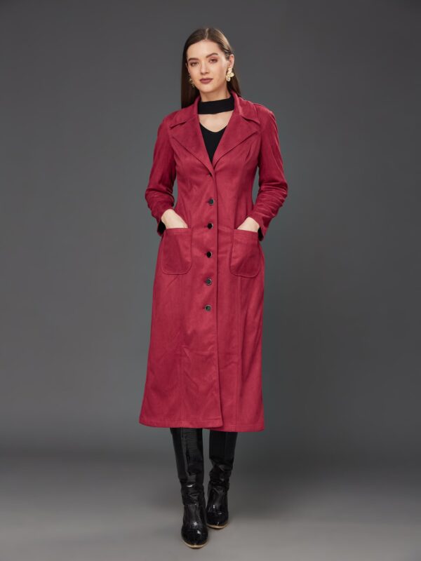 Miss Chase Women's Solid V-Neck Full Sleeves Patched Pocketed Polyester Button Down Longline Winter Wear Jacket - Image 7