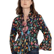 SHAYE Black Casual Full Sleeves V-Neck Floral Cinched Waist Top for Women