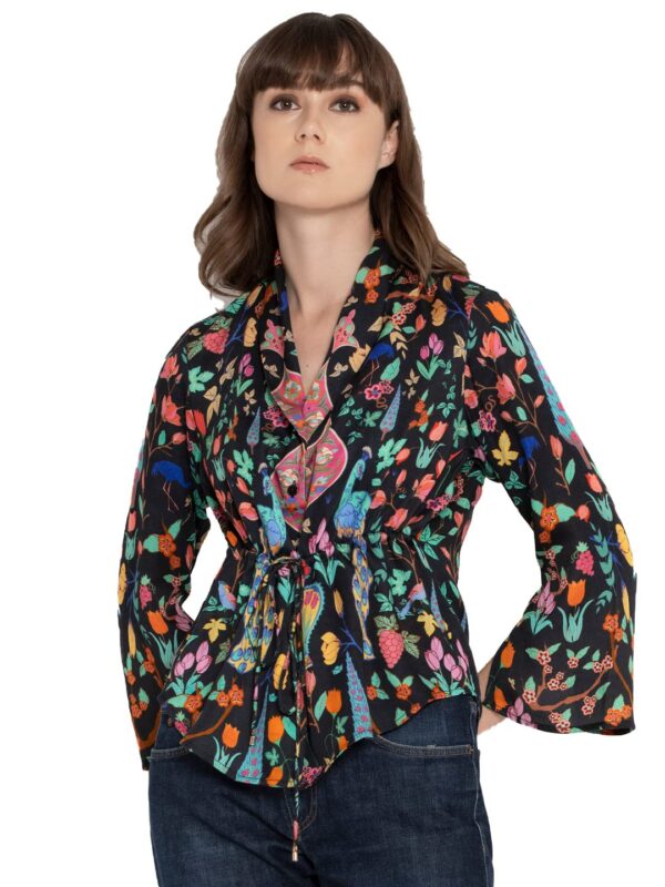 SHAYE Black Casual Full Sleeves V-Neck Floral Cinched Waist Top for Women