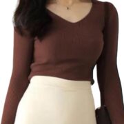 Stylish Ribbed V-Neck Full Sleeve Top for Women – Trendy Western Tops, Casual Office Wear T-Shirt Tops for Girls and Woman