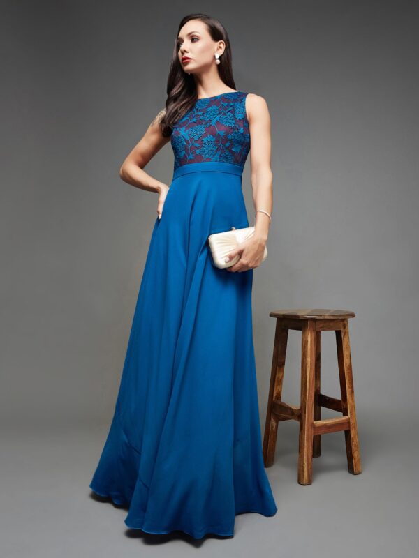 Miss Chase Women's Round Neck Sleeveless Georgette Floral Lace Fit & Flare Maxi Dress Royal Blue - Image 6