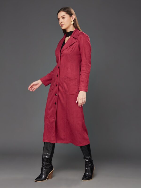 Miss Chase Women's Solid V-Neck Full Sleeves Patched Pocketed Polyester Button Down Longline Winter Wear Jacket - Image 6
