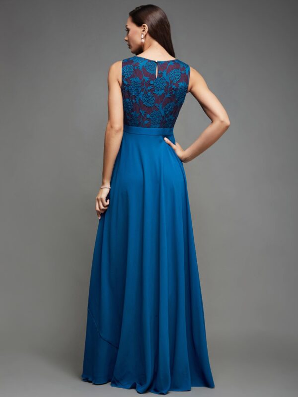 Miss Chase Women's Round Neck Sleeveless Georgette Floral Lace Fit & Flare Maxi Dress Royal Blue - Image 4