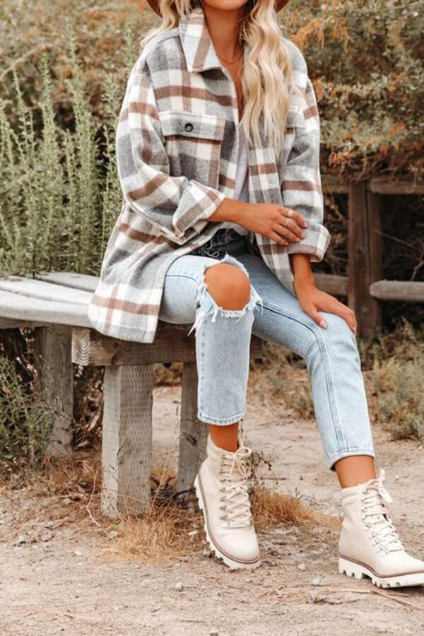 Beaully Women's Flannel Plaid Shirts Long Sleeve Button Down Chest Pocketed Jacket Coats Shacket, Khaki, Medium - Image 3