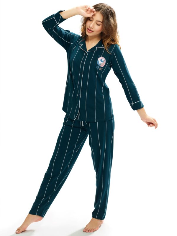 LOTIK Women's Cotton Teal Blue Strip Printed Front-Open Full Sleeve Nightsuit - Image 6