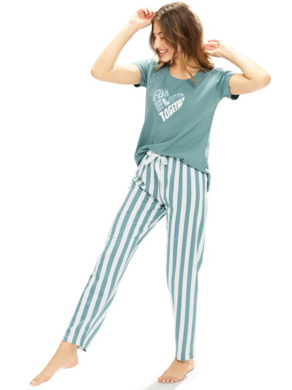 LOTIK Women's Cotton Aqua Blue Striped Print Top & Payjama Night Pajama Set, Medium - Image 6