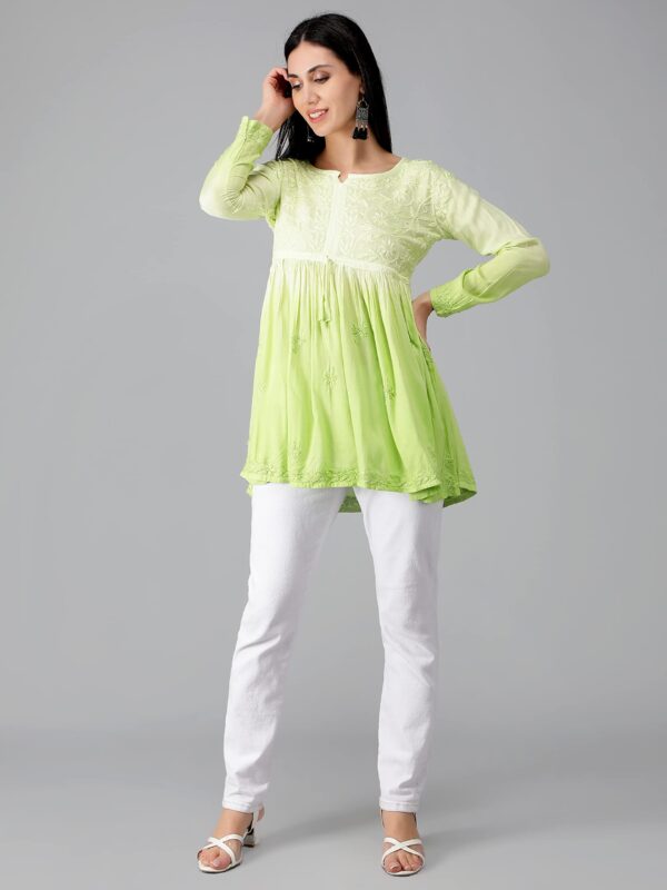Seva Chikan Hand Embroidered Lucknowi Chikankari Lime Green Rayon Cotton Short A-line Top Tunic for Women - Image 2