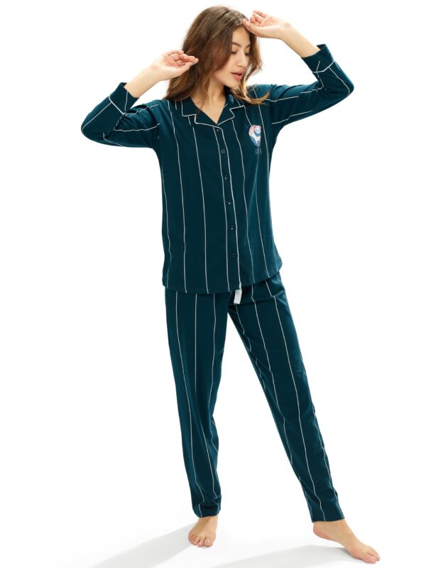 LOTIK Women's Cotton Teal Blue Strip Printed Front-Open Full Sleeve Nightsuit - Image 7