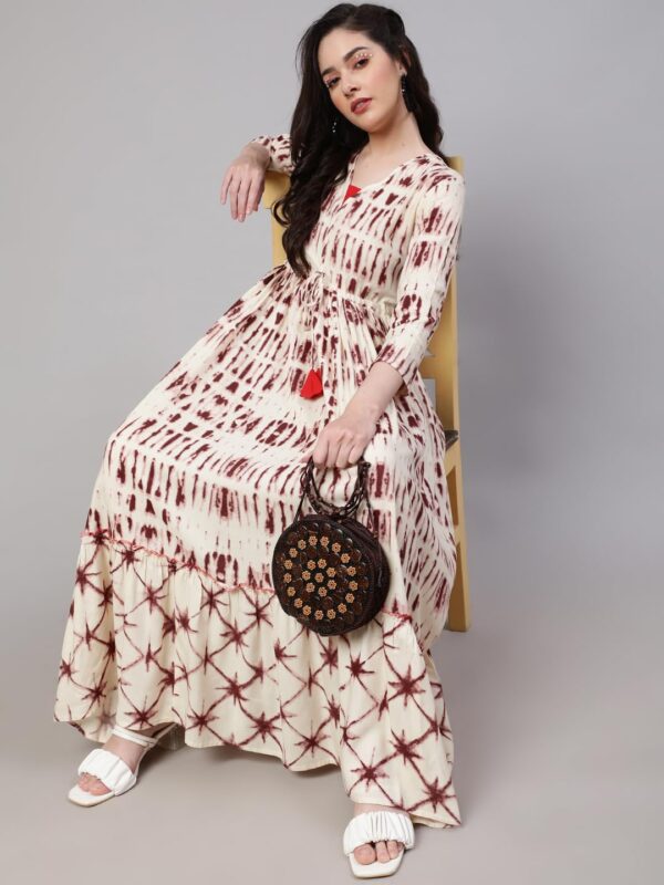 Daevish Women's New Rayon Print Tie-up Waist V Neck Flared Maxi Dress Brown - Image 7