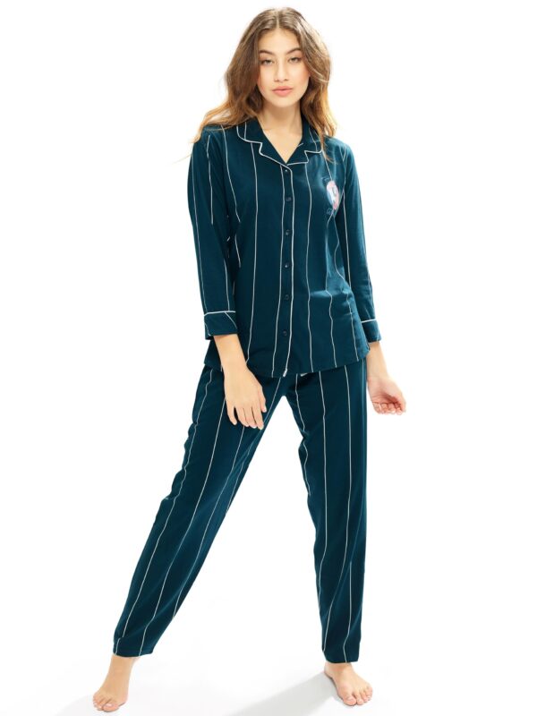LOTIK Women's Cotton Teal Blue Strip Printed Front-Open Full Sleeve Nightsuit