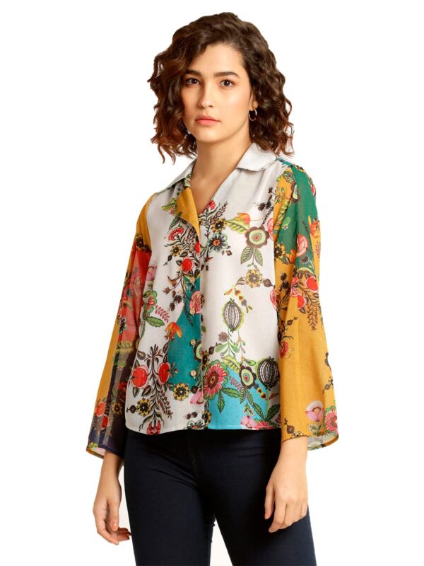 SHAYE Multicolor Casual Full Sleeves Shirt Collar Floral Top for Women