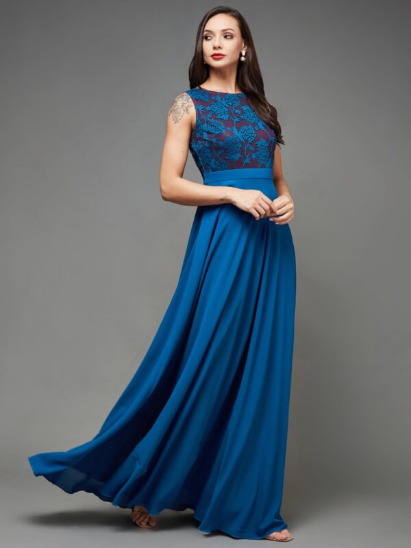 Miss Chase Women's Round Neck Sleeveless Georgette Floral Lace Fit & Flare Maxi Dress Royal Blue - Image 5