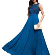 Miss Chase Women's Round Neck Sleeveless Georgette Floral Lace Fit & Flare Maxi Dress Royal Blue