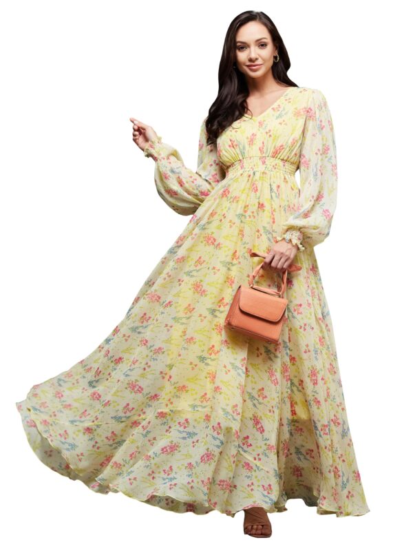 Miss Chase Women's V-Neck Bishop Sleeve Floral Gathered Pocketed Maxi Dress