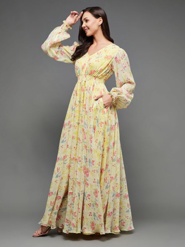 Miss Chase Women's V-Neck Bishop Sleeve Floral Gathered Pocketed Maxi Dress - Image 6