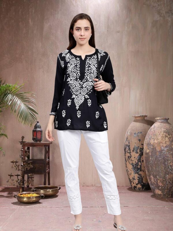 Seva Chikan Hand Embroidered Black Modal Lucknowi Chikankari Top - Image 5
